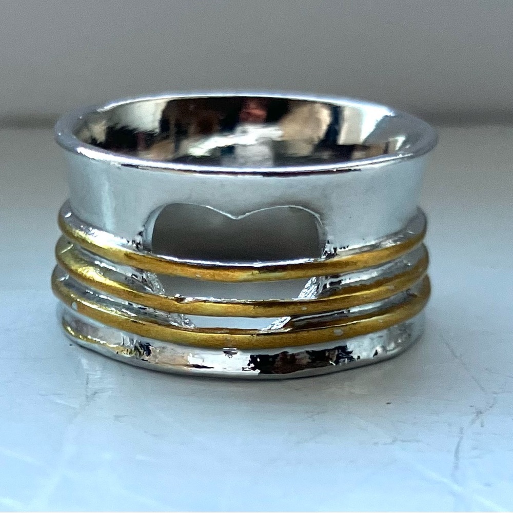 Inscribed LOVE silver/gold brass metal artisan cutout heart ring wide band! 8